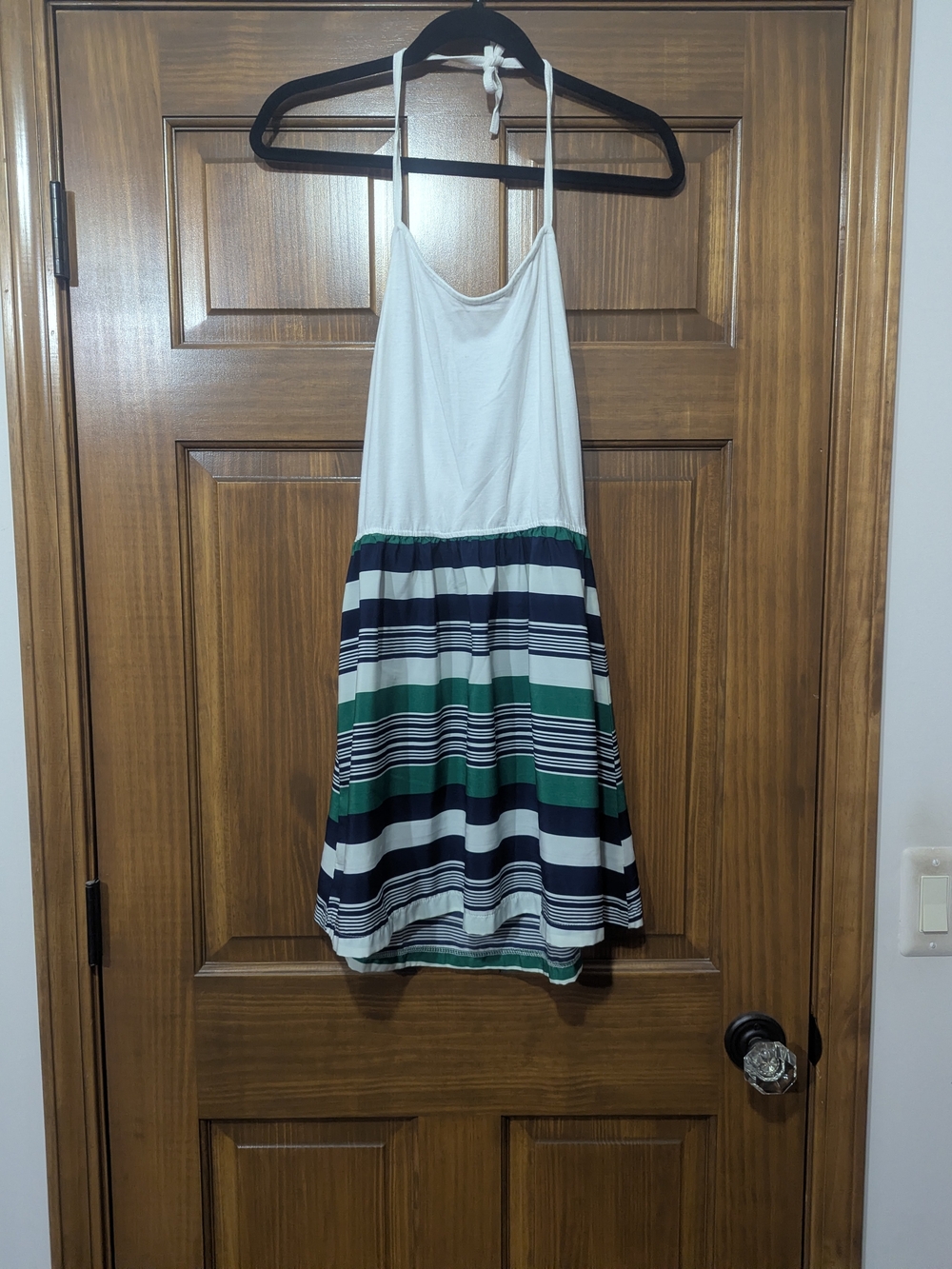 Wallflower White Halter Dress with Navy & Green Striped Skirt